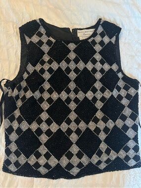 Papell Boutique Evening Beaded Black and Silver Sleeveless Top *BROKEN ZIPPER